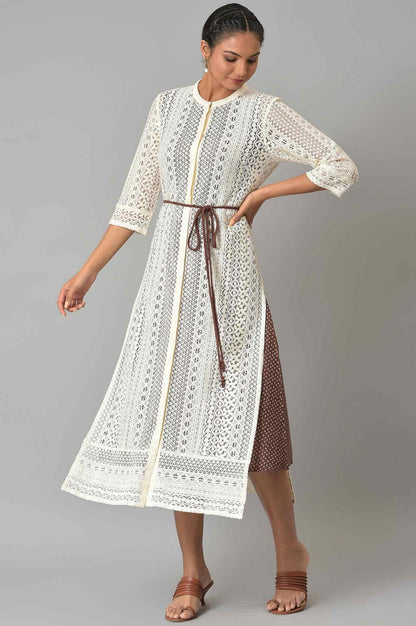 Ecru Crochet Jacket With A-Line Brown kurta - wforwoman