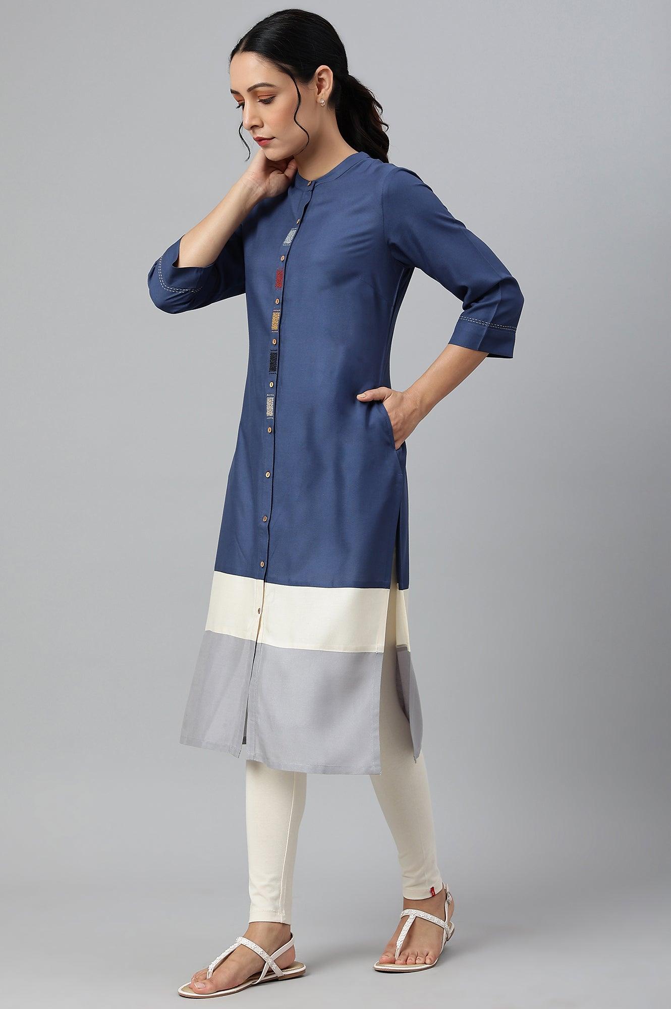 Blue And Grey Colour Block kurta - wforwoman