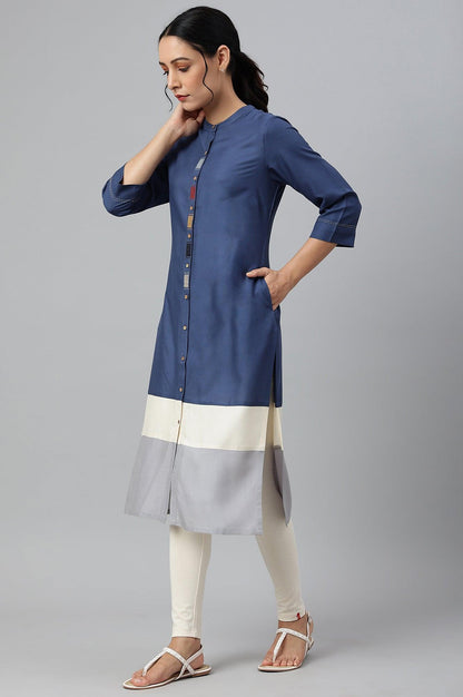 Blue And Grey Colour Block kurta - wforwoman