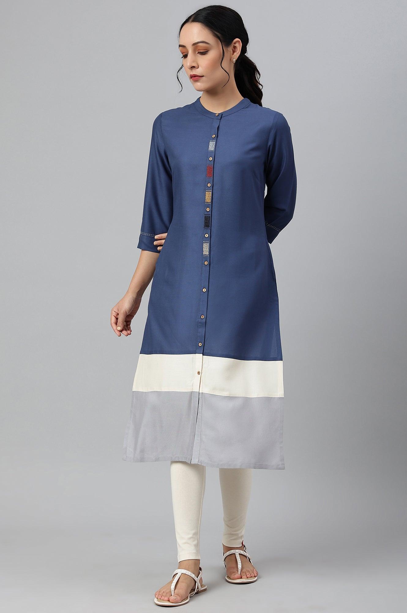 Blue And Grey Colour Block kurta - wforwoman