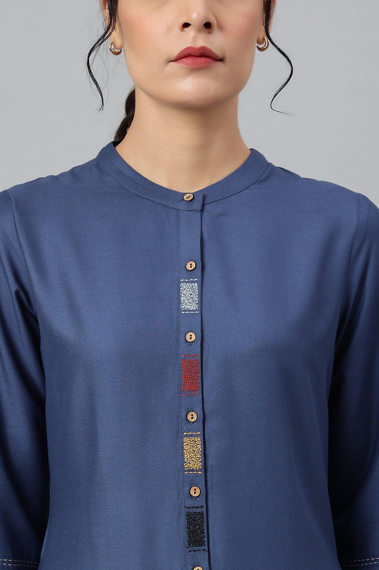 Blue And Grey Colour Block kurta - wforwoman