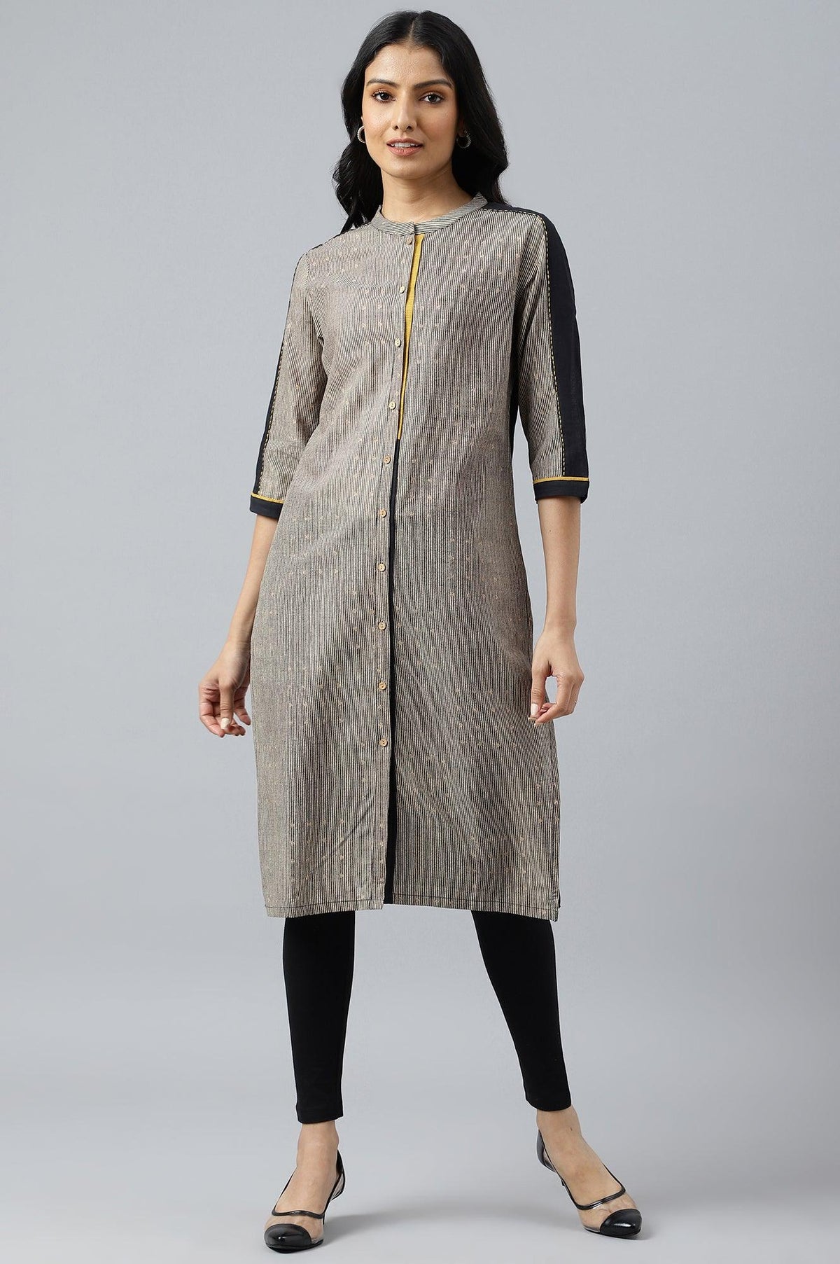 Biege And Black Panelled kurta With Mustard Stich Line - XS