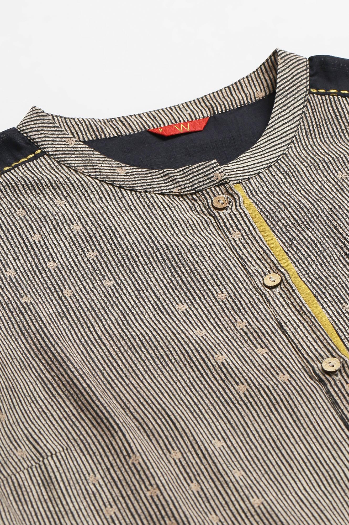 Biege And Black Panelled kurta With Mustard Stich Line - wforwoman