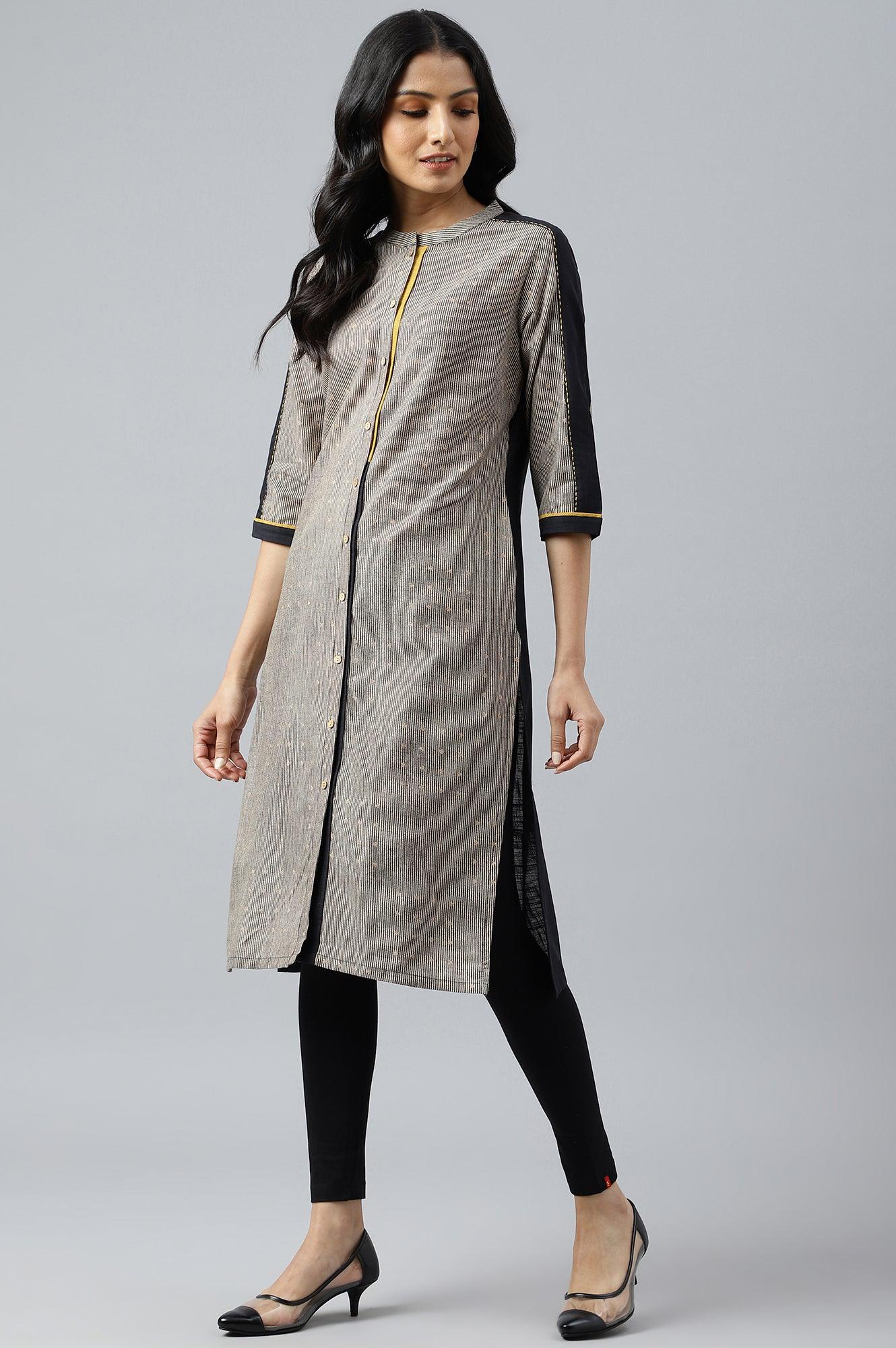 Biege And Black Panelled kurta With Mustard Stich Line - wforwoman
