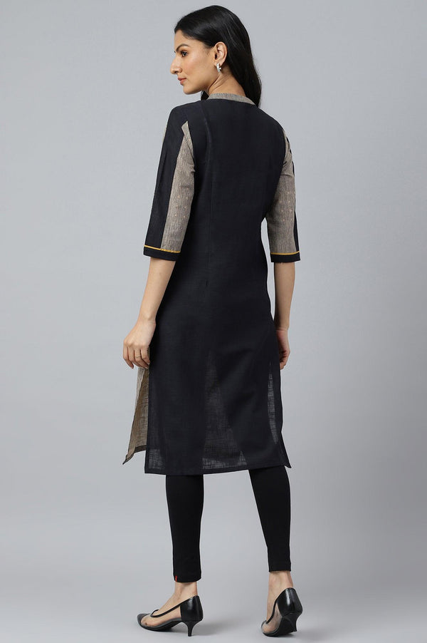 Biege And Black Panelled kurta With Mustard Stich Line