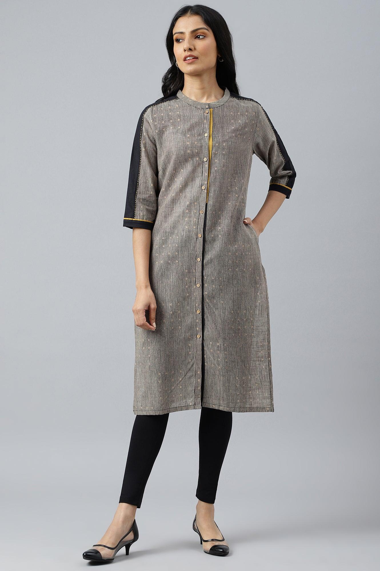 Biege And Black Panelled kurta With Mustard Stich Line - wforwoman