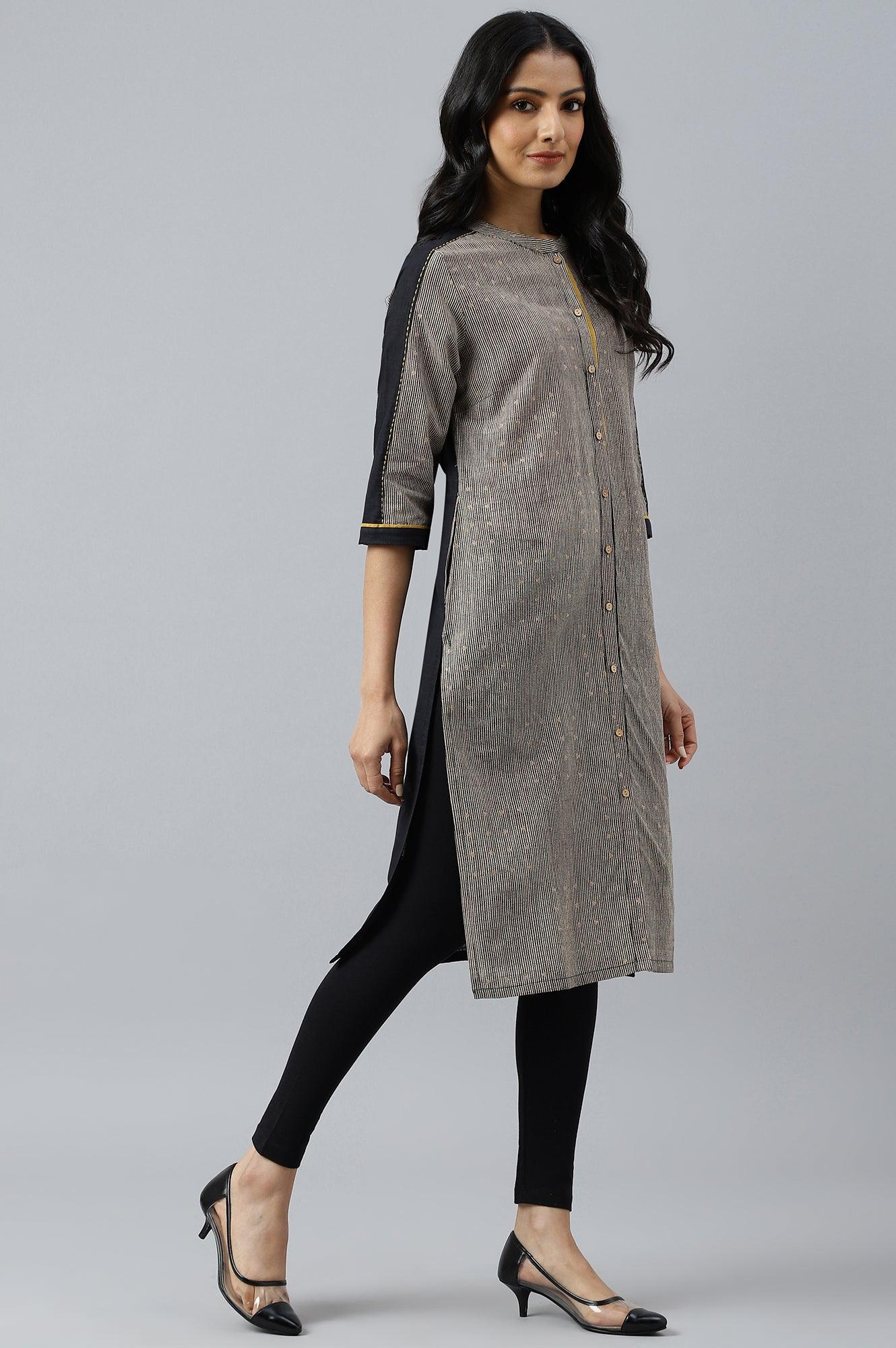 Biege And Black Panelled kurta With Mustard Stich Line - wforwoman