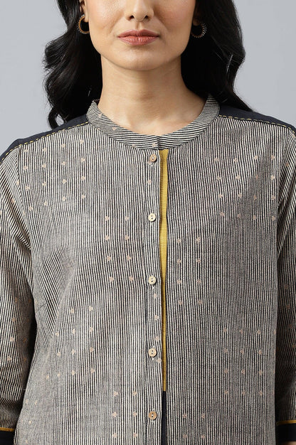 Biege And Black Panelled kurta With Mustard Stich Line - wforwoman