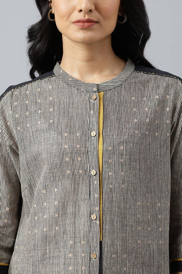 Biege And Black Panelled kurta With Mustard Stich Line