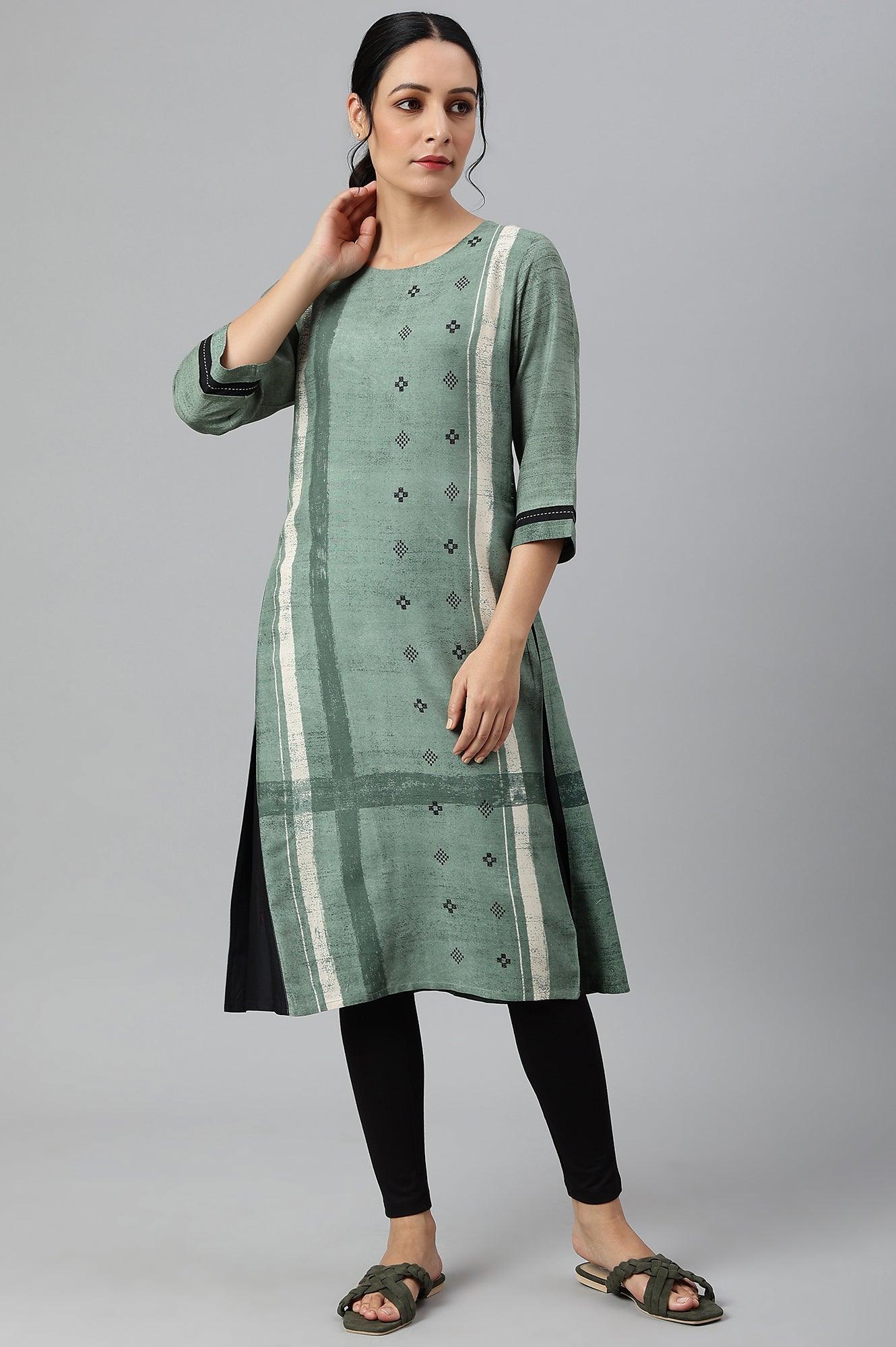 Green Godet Box Pleat kurta - wforwoman