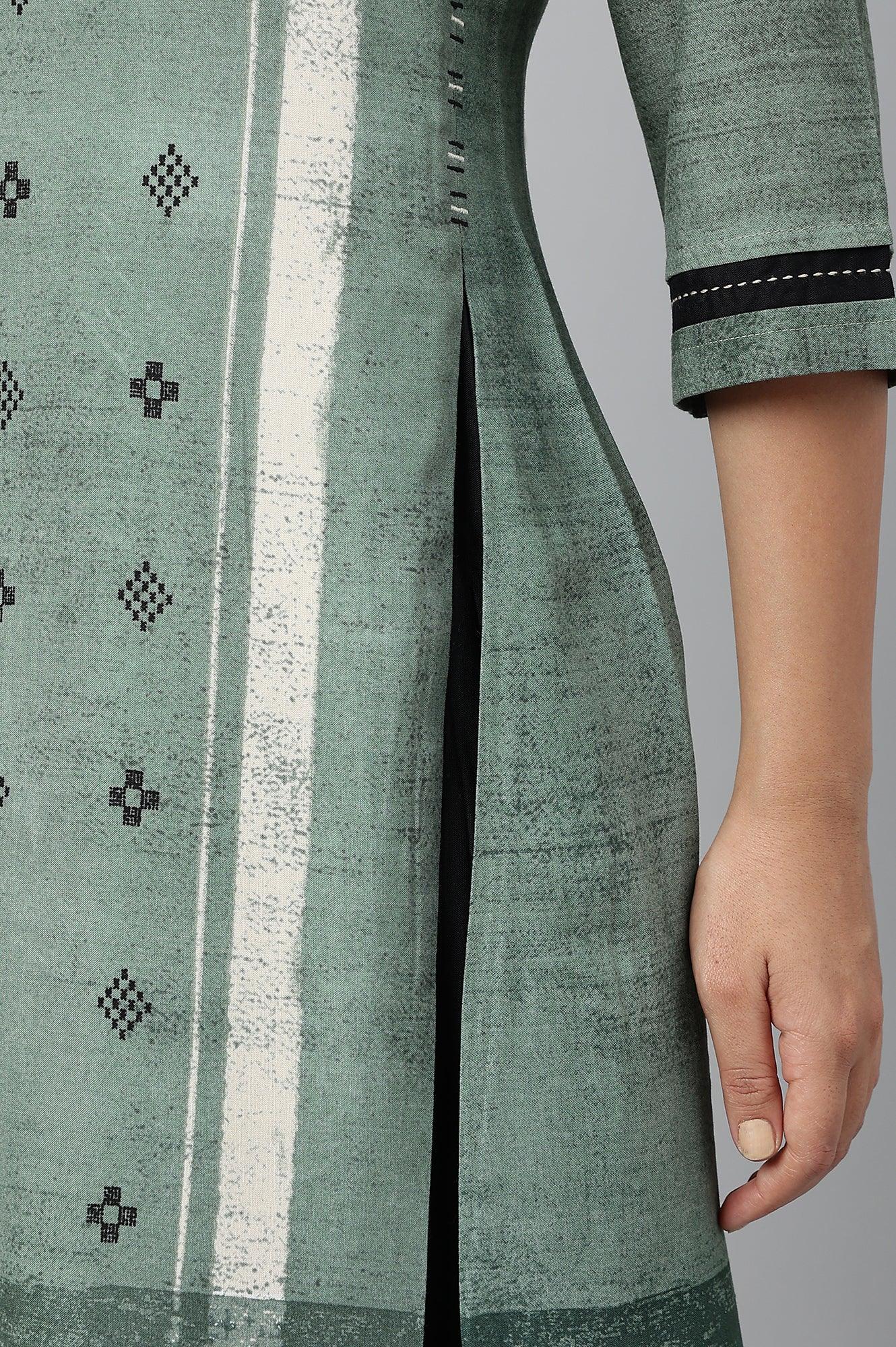 Green Godet Box Pleat kurta - wforwoman