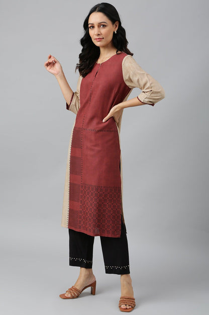 Red And Ecru Placement Print kurta In Round Neck - wforwoman