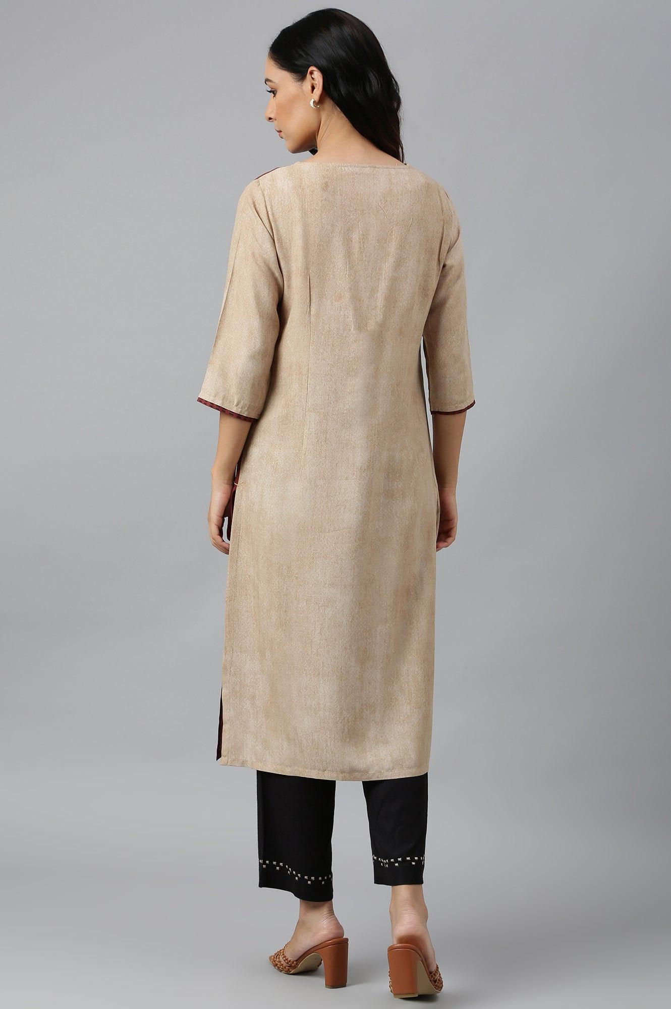 Red And Ecru Placement Print kurta In Round Neck - wforwoman