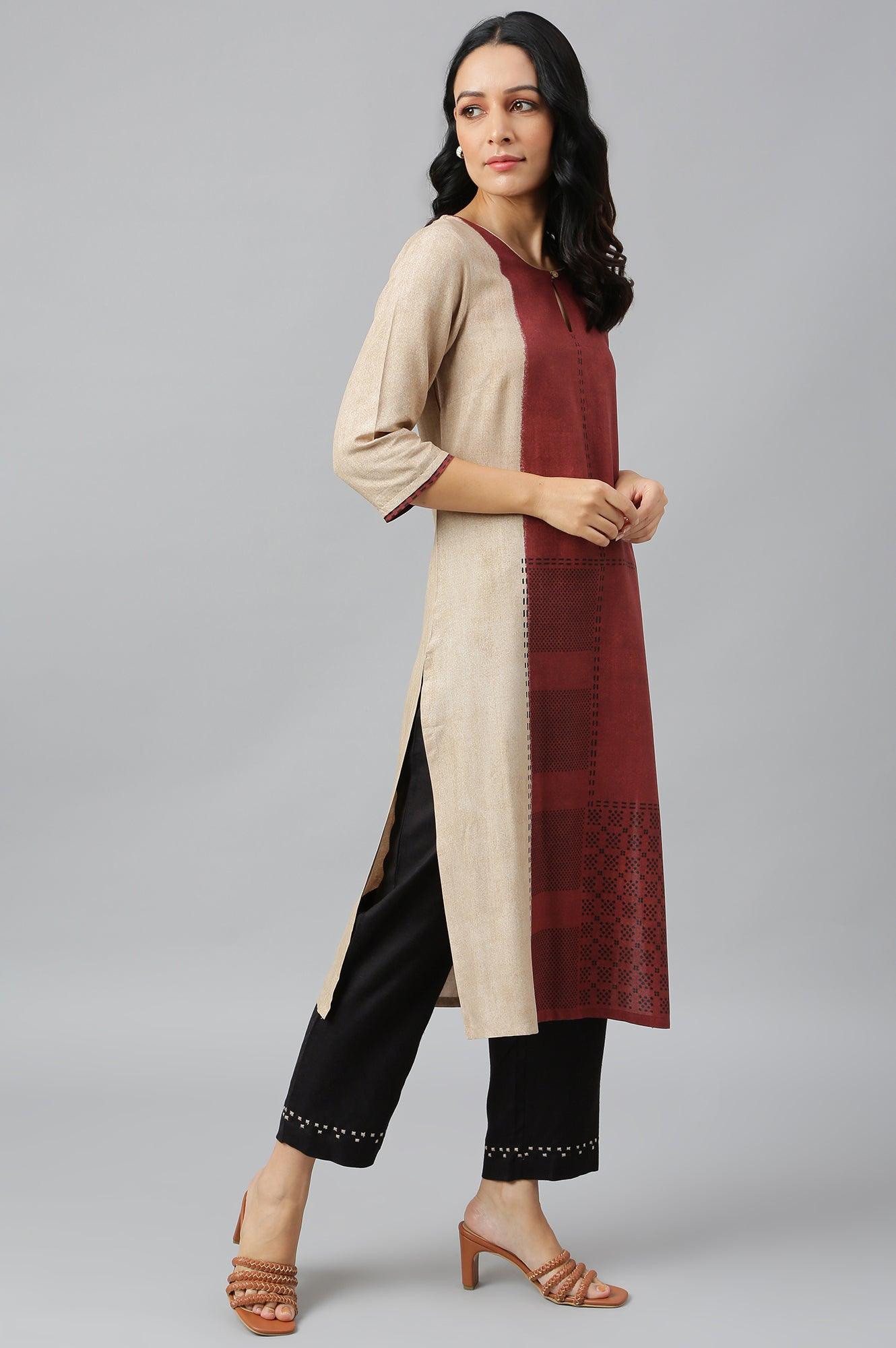 Red And Ecru Placement Print kurta In Round Neck - wforwoman