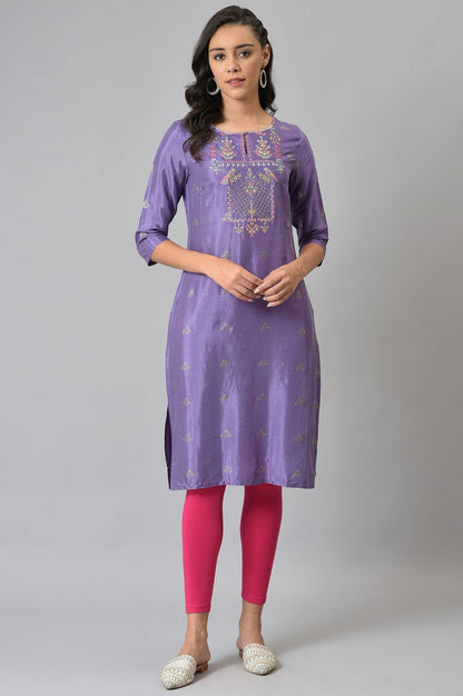 Purple Glitter Print kurta With Embroidery - wforwoman