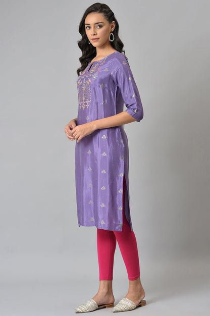 Purple Glitter Print kurta With Embroidery - wforwoman