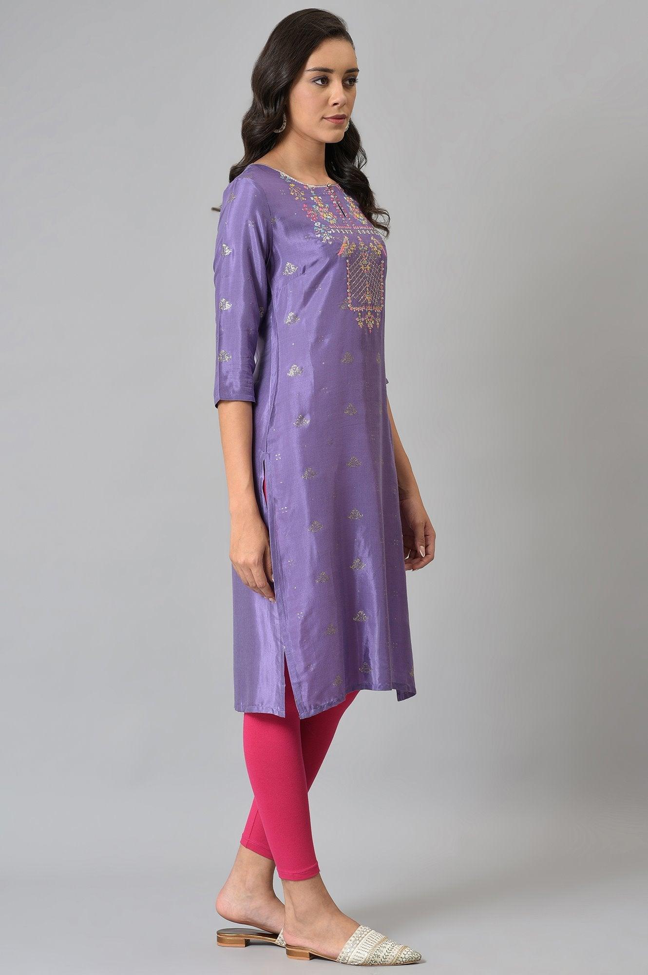 Purple Glitter Print kurta With Embroidery - wforwoman