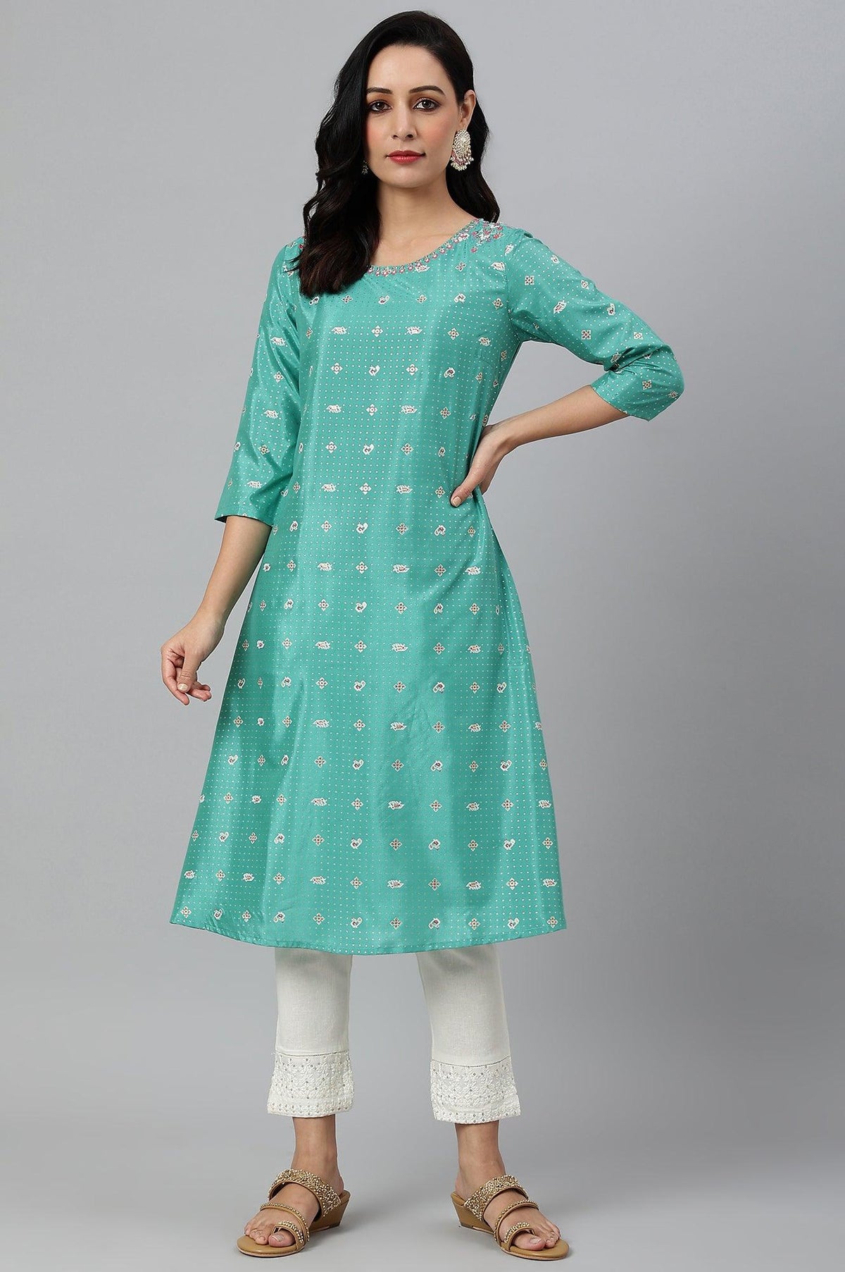 Marine Green A-Line Shantung kurta - XS