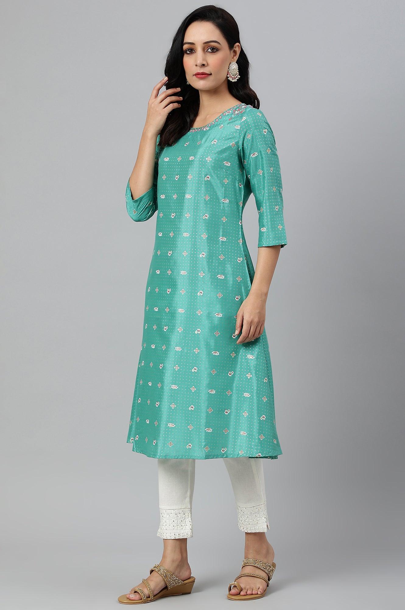Marine Green A-Line Shantung kurta - wforwoman