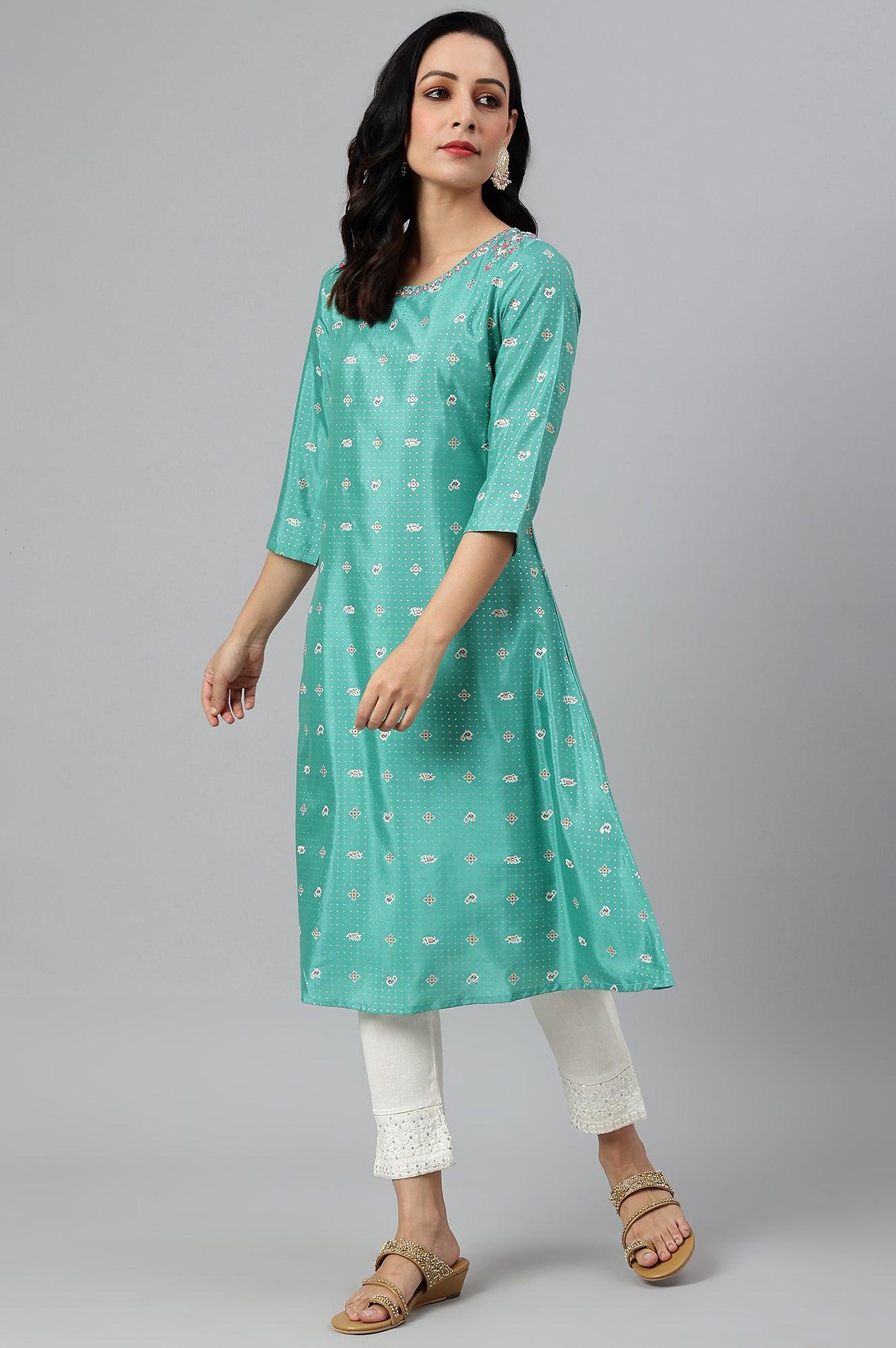 Marine Green A-Line Shantung kurta - wforwoman
