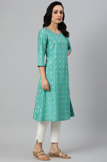 Marine Green A-Line Shantung kurta - wforwoman
