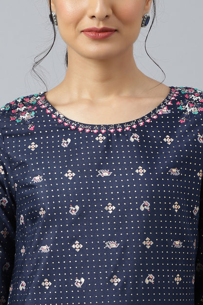 Dark Blue Printed Thread Embroidered Shantung A-Line Kurta and Slim Pant Set