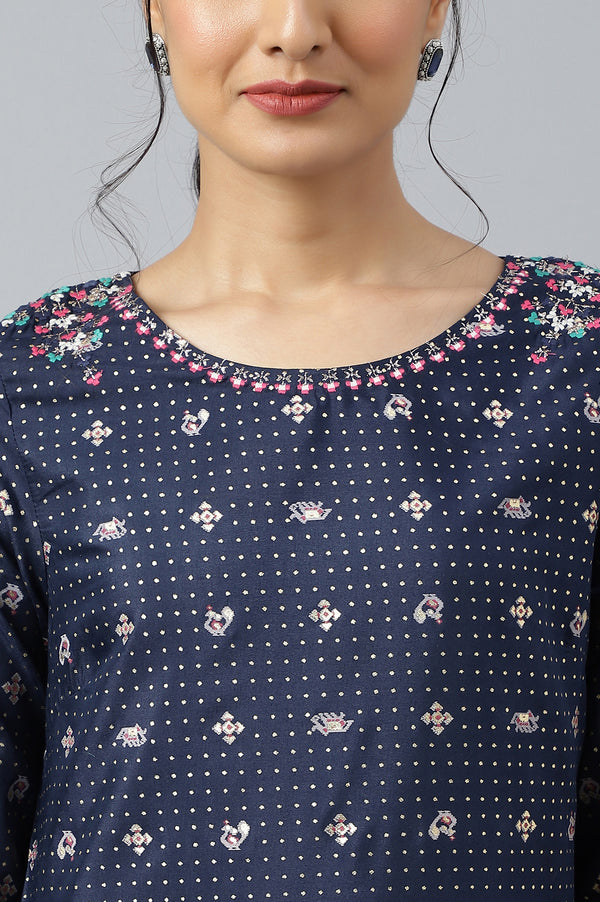 Dark Blue Printed Thread Embroidered Shantung A-Line Kurta and Slim Pant Set