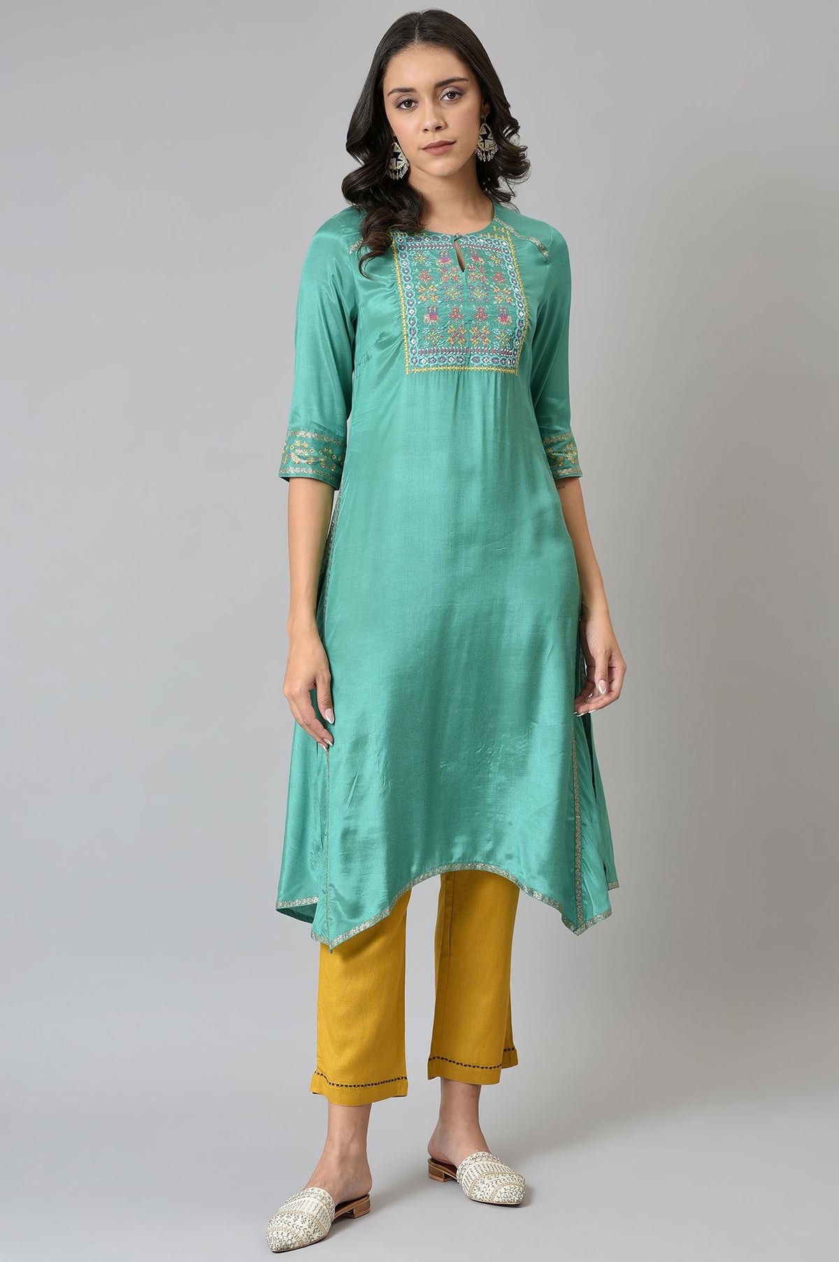 Marine Green Embroidered and Mirror work Kurta - XS