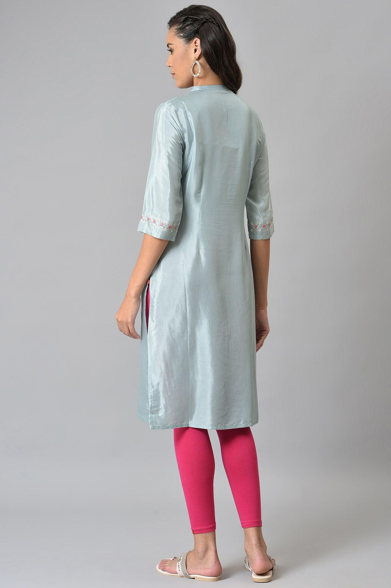Light Blue Embroidered kurta In Mandarin Collar - wforwoman