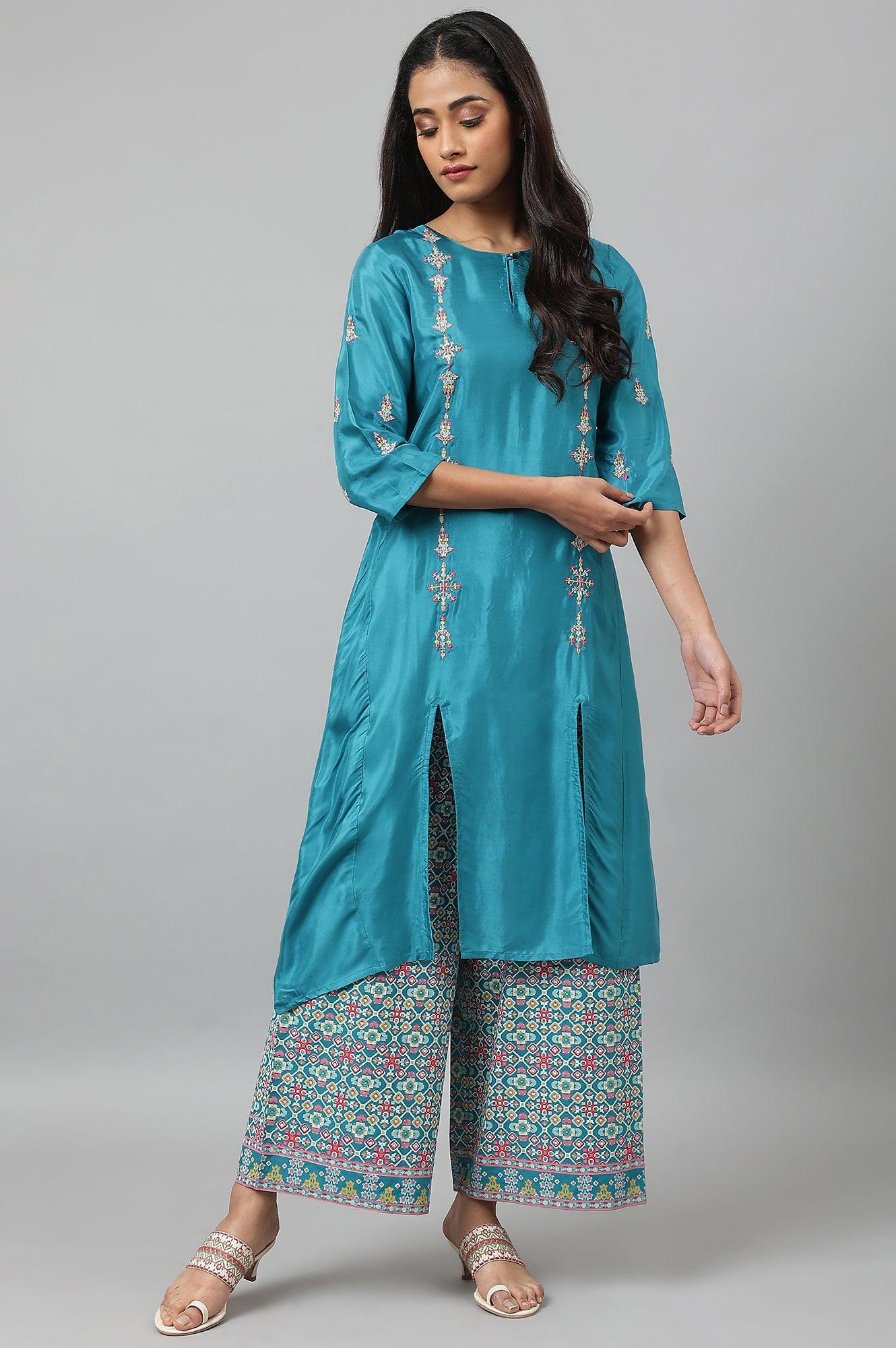 Teal Embroidered kurta With Front Slit - wforwoman