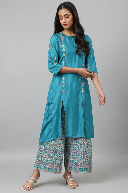 Teal Embroidered kurta With Front Slit - wforwoman