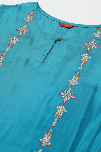 Teal Embroidered kurta With Front Slit - wforwoman