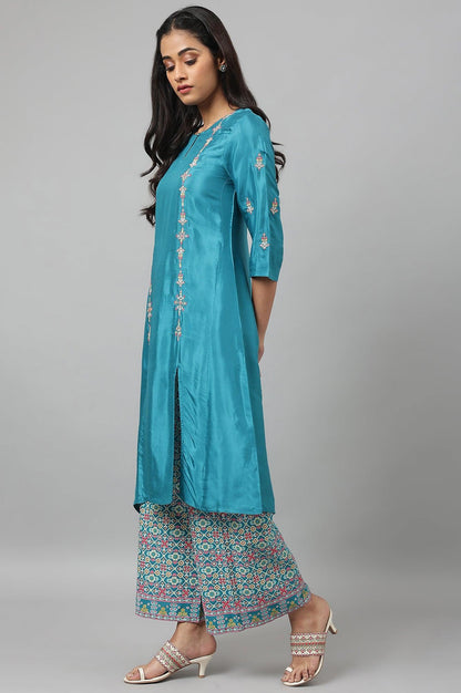 Teal Embroidered kurta With Front Slit - wforwoman