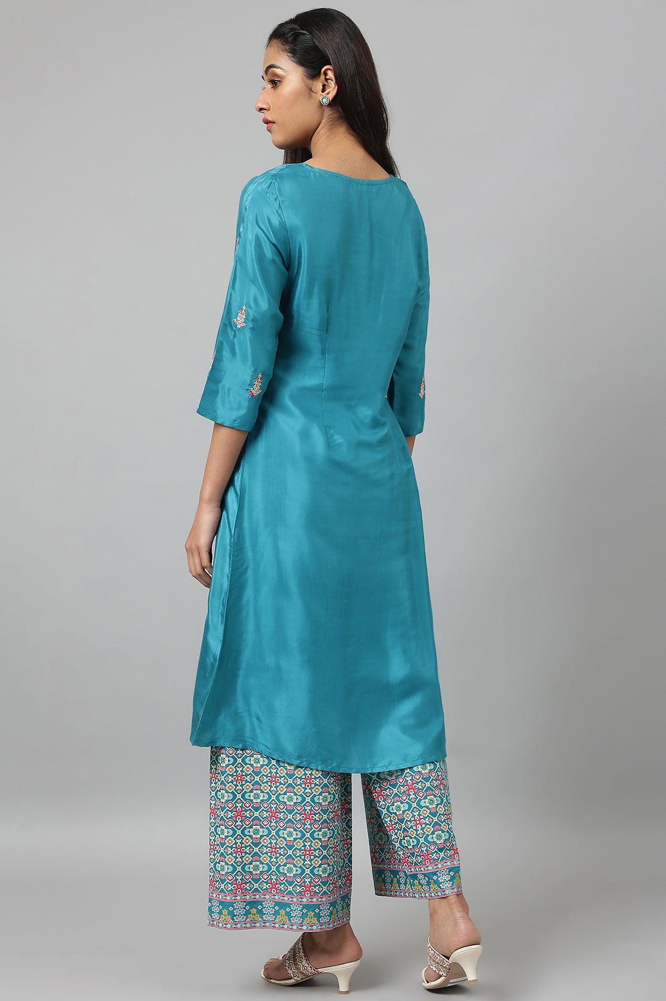 Teal Embroidered kurta With Front Slit - wforwoman