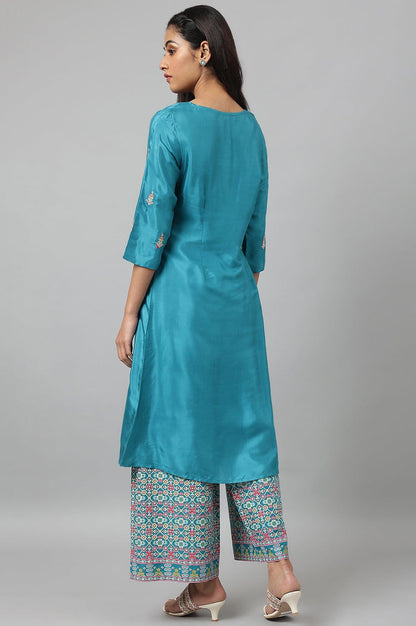 Teal Embroidered kurta With Front Slit - wforwoman