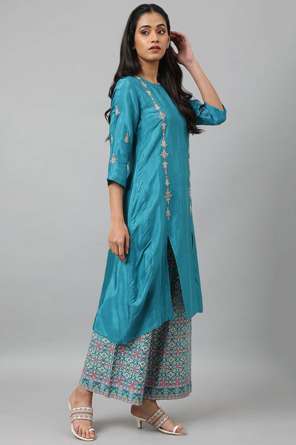 Teal Embroidered kurta With Front Slit - wforwoman