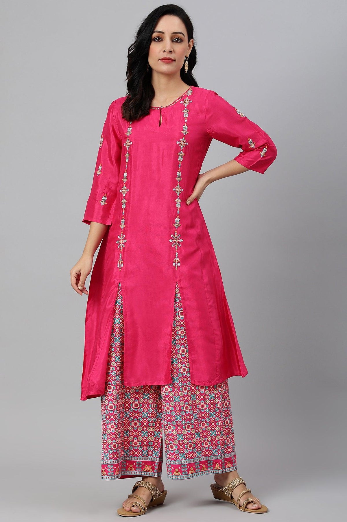 Bright Multicoloured Embroidered kurta With Front Slits - XS