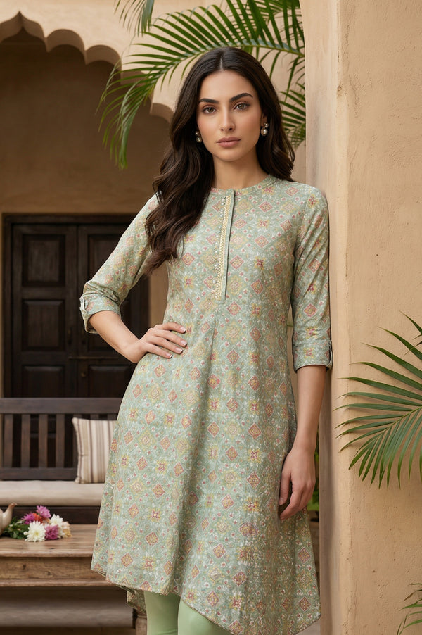 Mint Green Print kurta With Asymmetric Hemline