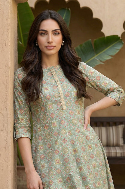 Mint Green Print kurta With Asymmetric Hemline