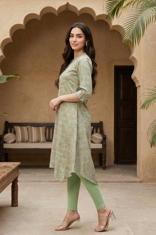 Mint Green Print kurta With Asymmetric Hemline