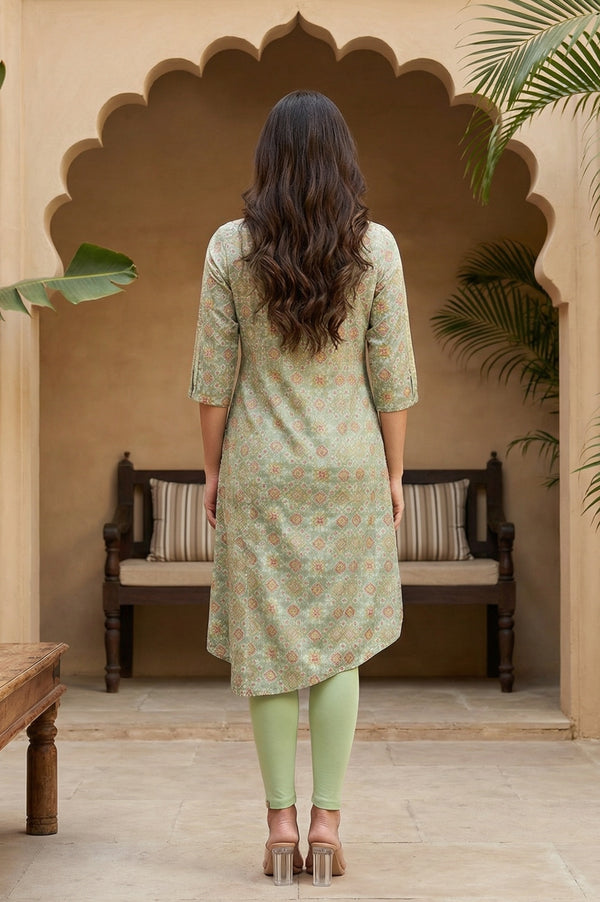 Mint Green Print kurta With Asymmetric Hemline