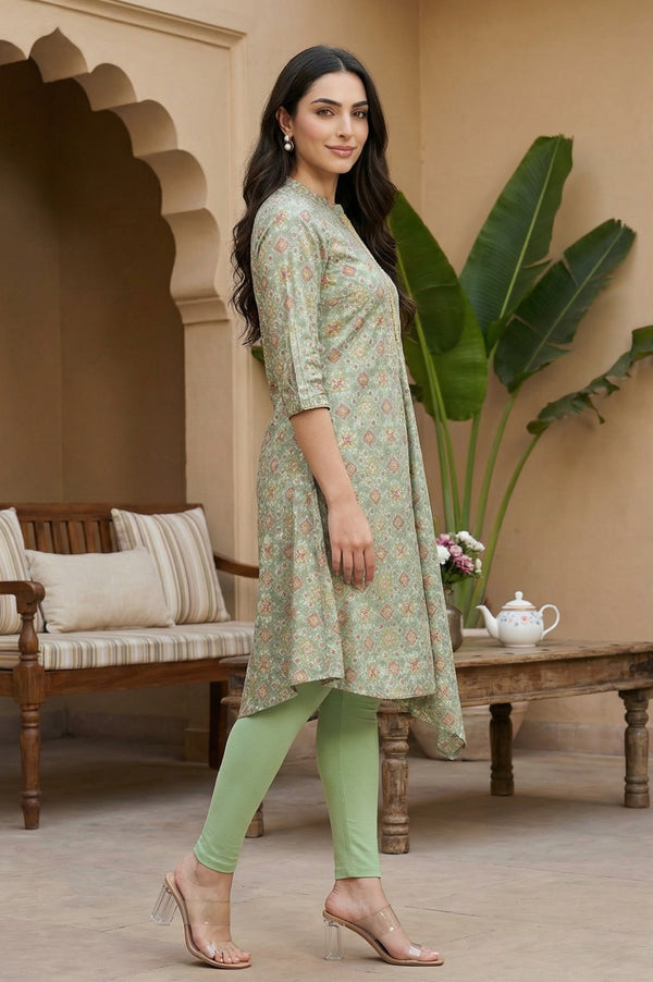 Mint Green Print kurta With Asymmetric Hemline