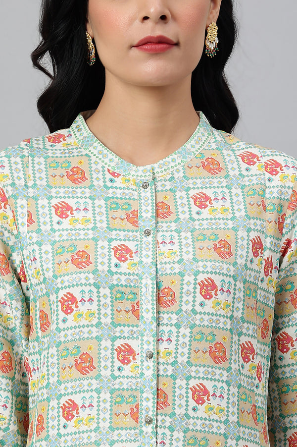 Ecru Printed Thread Work Rayon A-Line Kurta and Slim Pant Set