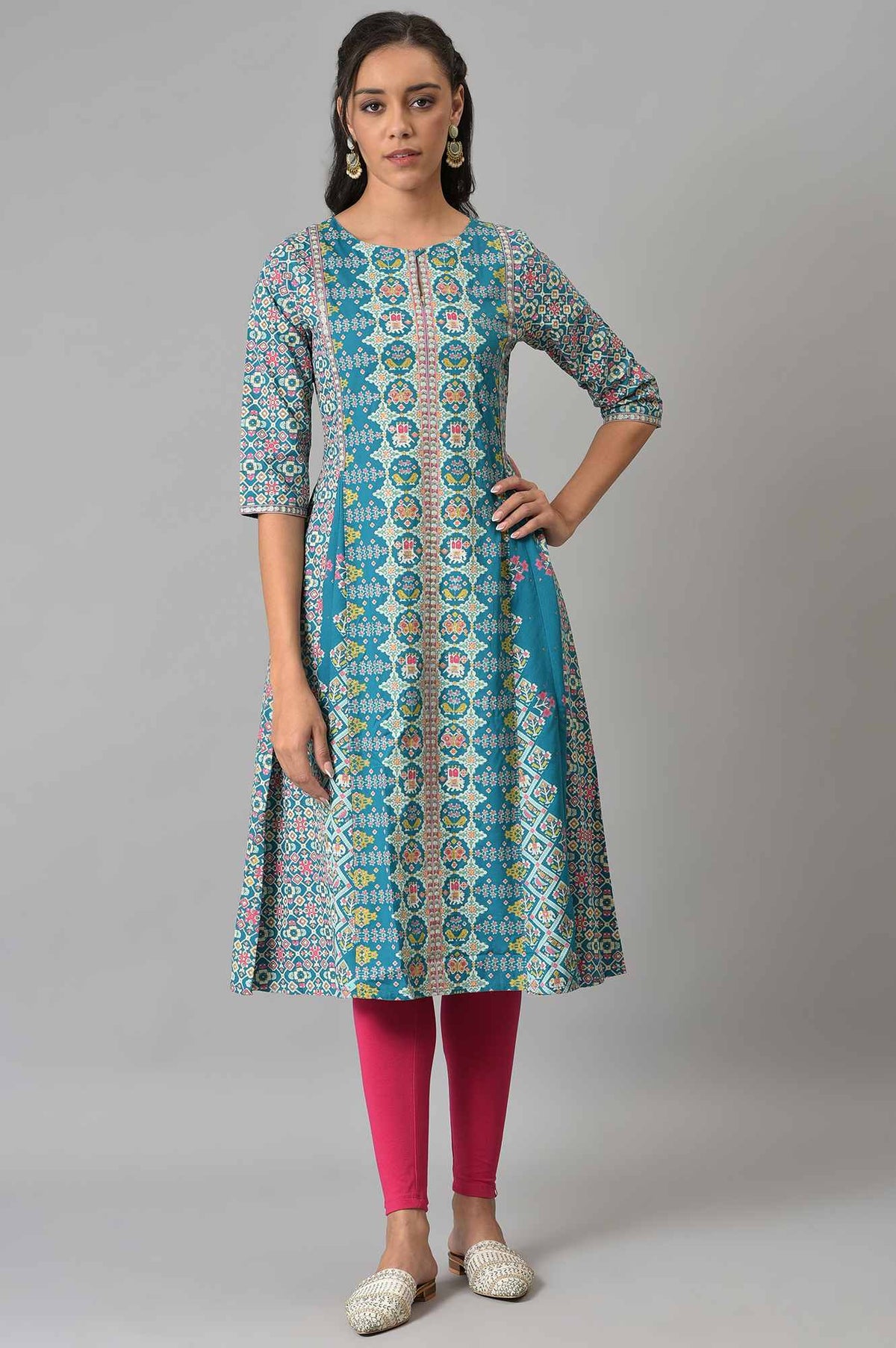 Blue Glitter Printed A-Line kurta - XS