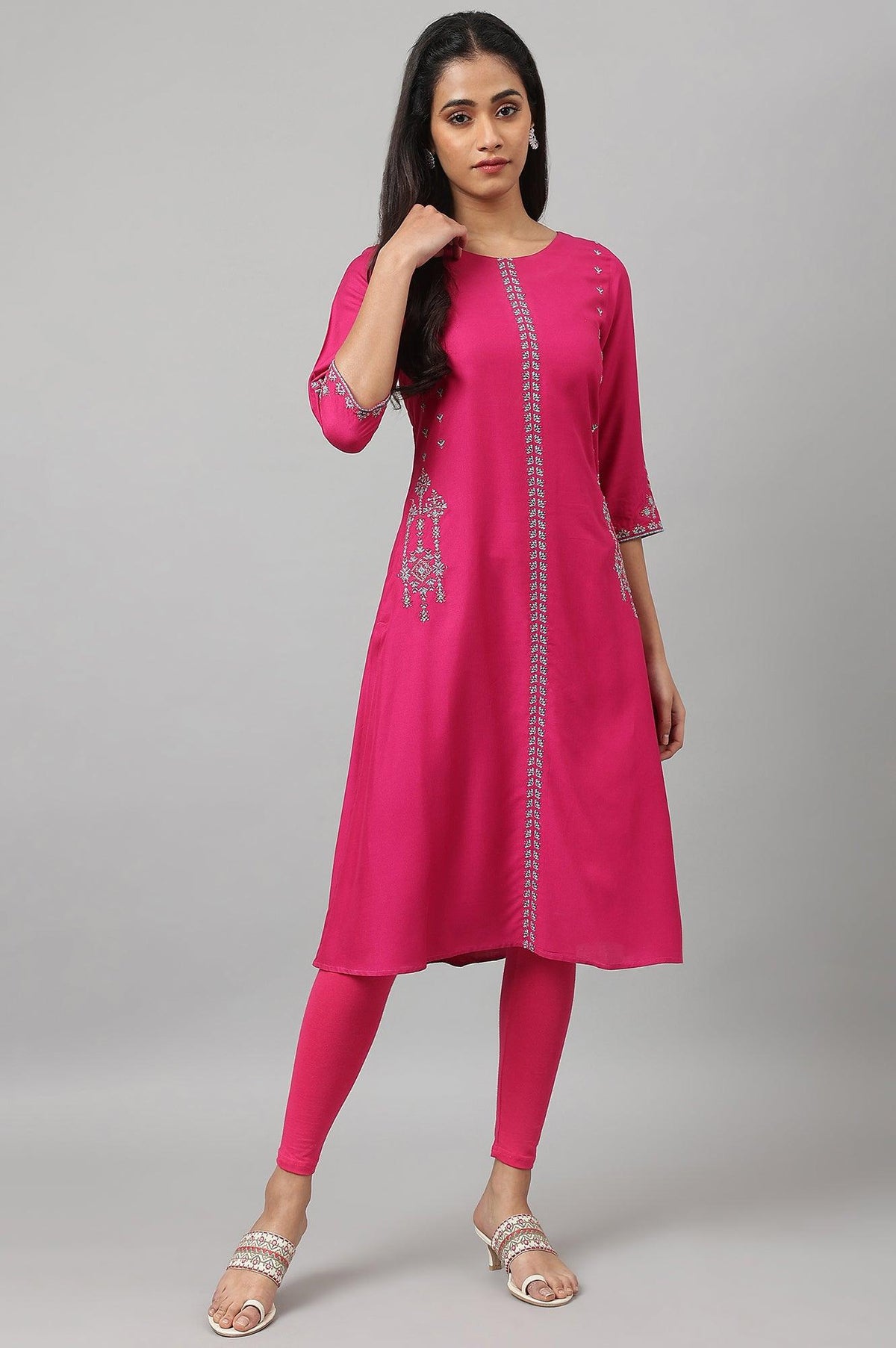 Dark Pink Embroidered A-Line kurta - XS