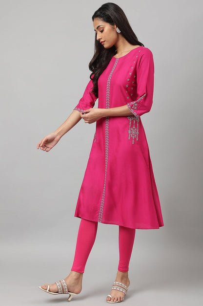 Dark Pink Embroidered A-Line kurta - wforwoman