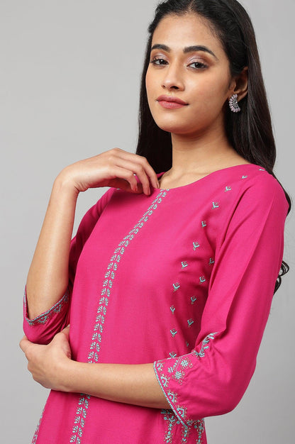 Dark Pink Embroidered A-Line kurta - wforwoman