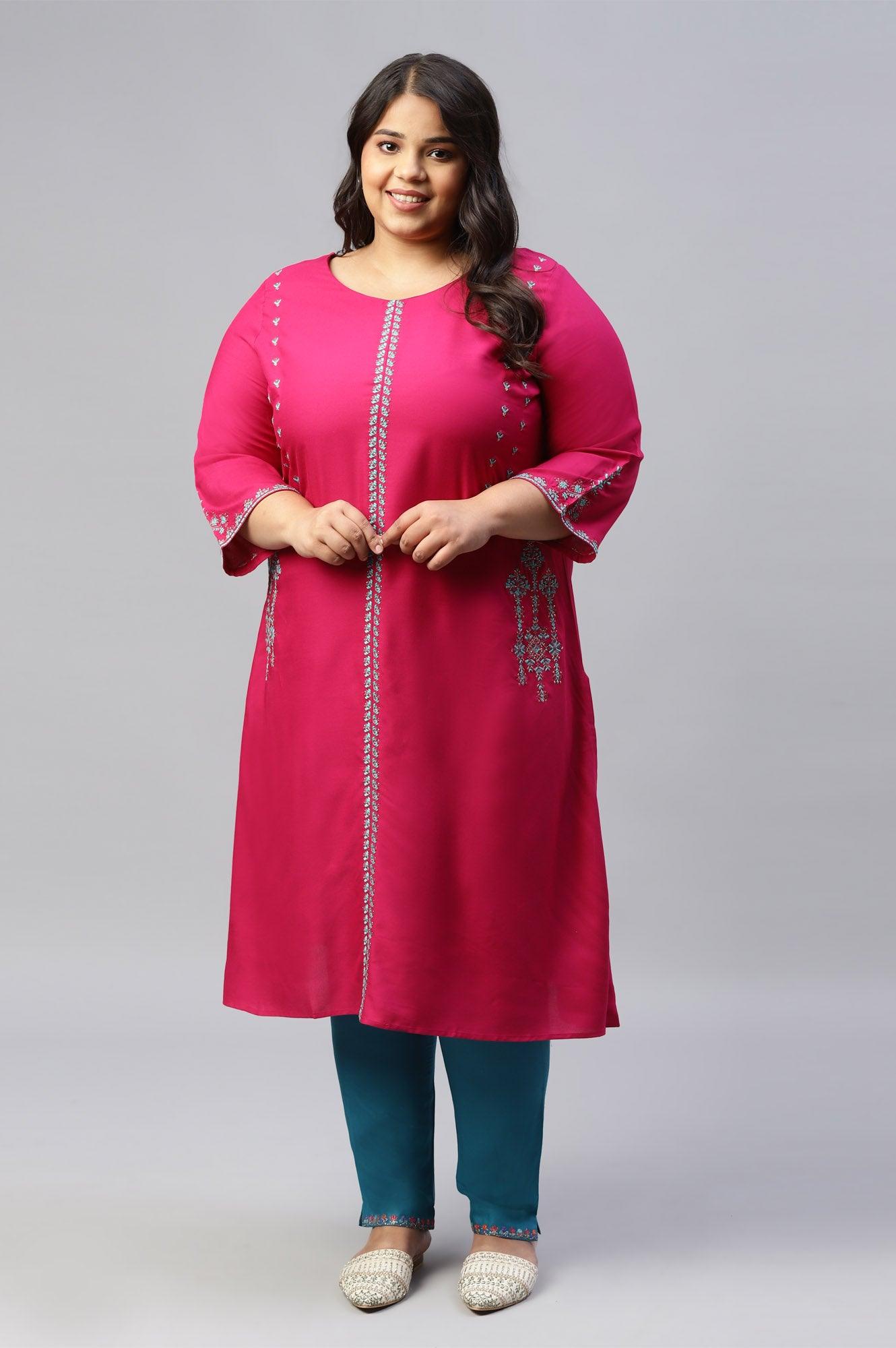 Plus Size Dark Pink Embroidered A-Line kurta - wforwoman