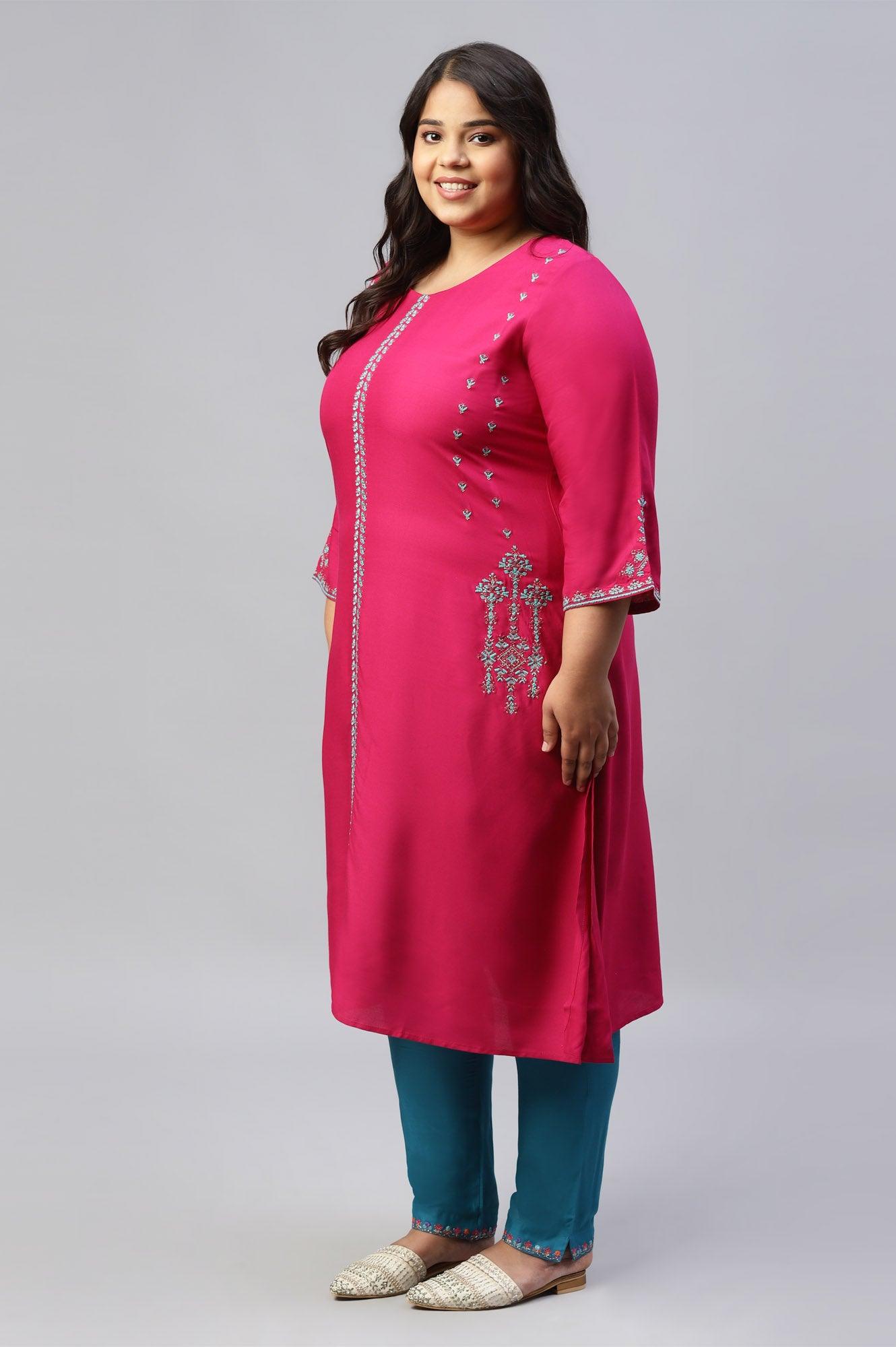 Plus Size Dark Pink Embroidered A-Line kurta - wforwoman