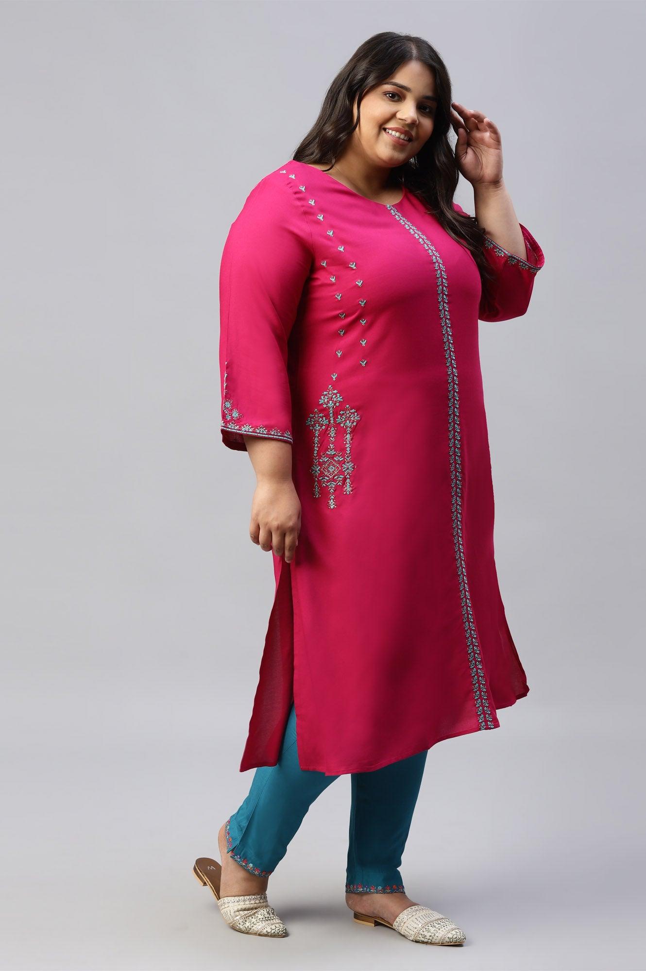 Plus Size Dark Pink Embroidered A-Line kurta - wforwoman